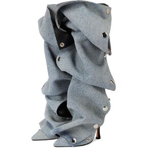 KaroNairy Brown Slouchy Knee High Boots for Women Denim Pointed Toe Stiletto High Heel Boots Detachable Snap-off Panel Fall Shark Boots