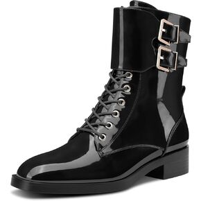 Castamere Womens Chunky Block Low Heel Square Toe Ankle Boots Short Bootie Lace-up Zipper Buckle Casual Dress Patent Leather Boots