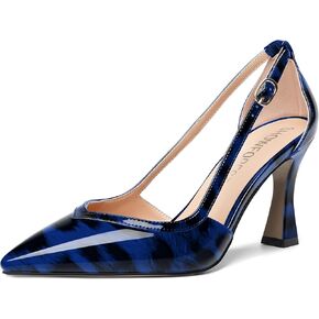 SHOWFOREST Womens Dress Pointed Toe Patent Slip On Adjustable Strap Spool High Heel Pumps Shoes 3.3 Inch