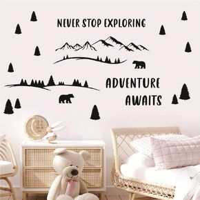 Mountain Adventure Awaits Wall Decal For Boys Room Art Removable Inspiration Quote Never Stop Exploring Wall Decor Sticker For Nursery Bedroom Vinyl Adhesve Forest Bear Adventure Wall Mural AFN32 (BLACK)