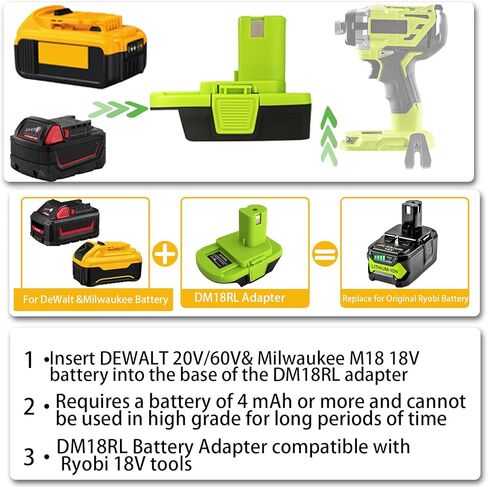 من أجل Dewalt وMilwaukee إلى محول بطارية Ryobi، قم بتحويل بطارية الليثيوم Dewalt 20V وبطارية Milwaukee 18V M18 إلى بطارية Ryobi 18V P107 P108 مع شحن USB 5V 2.1A MAX in Kuwait