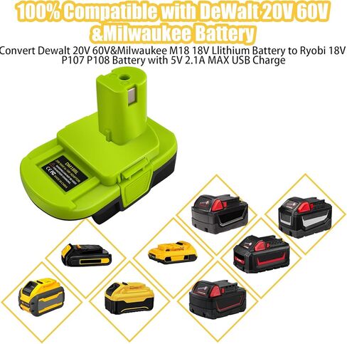 من أجل Dewalt وMilwaukee إلى محول بطارية Ryobi، قم بتحويل بطارية الليثيوم Dewalt 20V وبطارية Milwaukee 18V M18 إلى بطارية Ryobi 18V P107 P108 مع شحن USB 5V 2.1A MAX in Kuwait