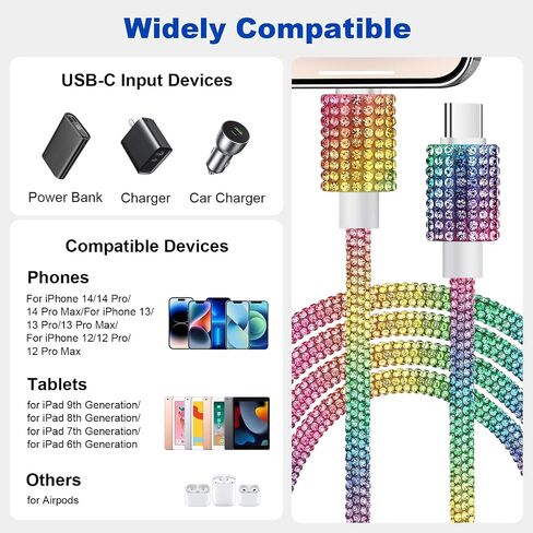 كابل VOFUOE USB C إلى iPhone، كابل شحن سريع لهاتف iPhone Bling Sparkling Diamond USB C سلك شحن للنساء 4FT لهاتف iPhone 14/13 /12/11، لجهاز iPad 9th/ 8th/ 7th Generation-Silver in Saudi Arabia