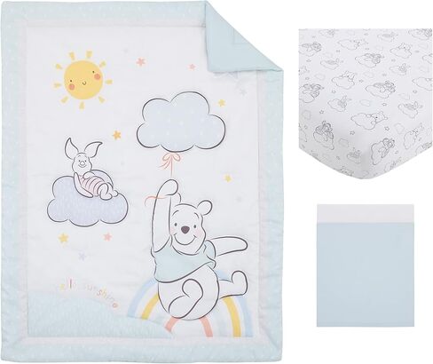 Disney Winnie The Pooh Hello Sunshine Multi-Colored Rainbow, Yellow Sun & Blue Clouds 3Piece Nursery Crib Bedding Set - Comforter, Fitted Crib Sheet & Crib Skirt, Aqua, Yellow, Orange, White in Saudi Arabia