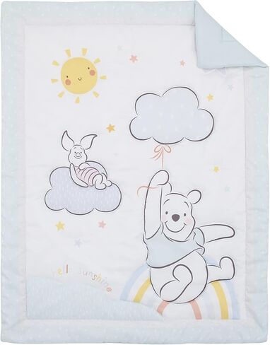 Disney Winnie The Pooh Hello Sunshine Multi-Colored Rainbow, Yellow Sun & Blue Clouds 3Piece Nursery Crib Bedding Set - Comforter, Fitted Crib Sheet & Crib Skirt, Aqua, Yellow, Orange, White in Saudi Arabia
