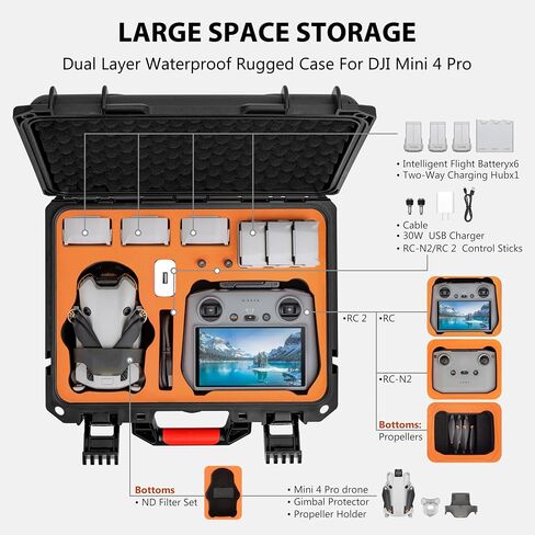 Waterproof Hard Case for DJI Mini 4 Pro Fly More Combo,Portable Carrying Travel Case for DJI Mini 4 Pro/Mini 3 Pro/Mini 3 Accessories/RC2/RC/N1/N2 Controller(Orange) in Saudi Arabia
