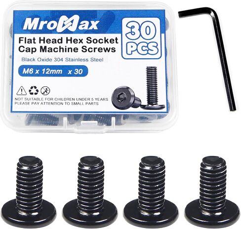 MroMax 20Pcs M6 x 25mm Flat Head Hex Socket Cap Screws, 304 Stainless Steel 18-8, Full Thread, Black Oxide (with Hex Spanner) for Furniture Chair Table Desk Crib Bed in Kuwait