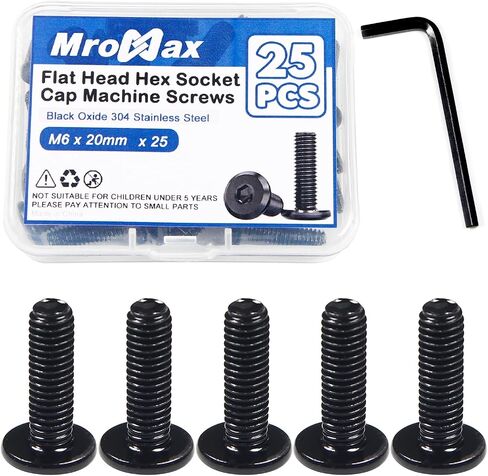 MroMax 20Pcs M6 x 25mm Flat Head Hex Socket Cap Screws, 304 Stainless Steel 18-8, Full Thread, Black Oxide (with Hex Spanner) for Furniture Chair Table Desk Crib Bed in Kuwait