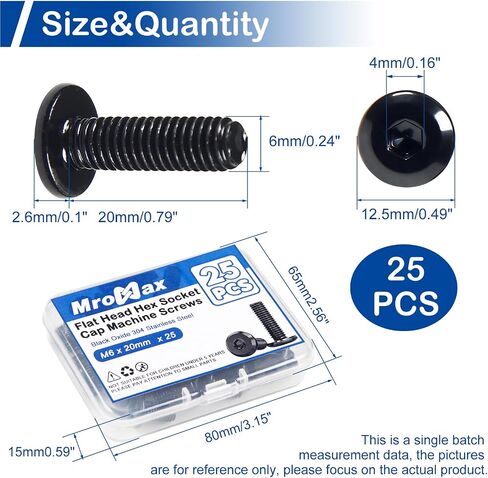 MroMax 20Pcs M6 x 25mm Flat Head Hex Socket Cap Screws, 304 Stainless Steel 18-8, Full Thread, Black Oxide (with Hex Spanner) for Furniture Chair Table Desk Crib Bed in Kuwait