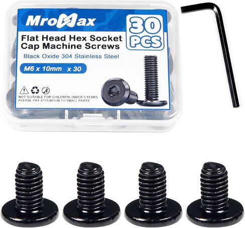 MroMax 20Pcs M6 x 25mm Flat Head Hex Socket Cap Screws, 304 Stainless Steel 18-8, Full Thread, Black Oxide (with Hex Spanner) for Furniture Chair Table Desk Crib Bed in Kuwait