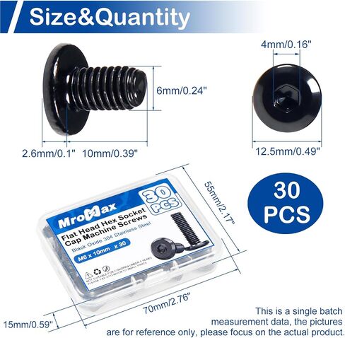MroMax 20Pcs M6 x 25mm Flat Head Hex Socket Cap Screws, 304 Stainless Steel 18-8, Full Thread, Black Oxide (with Hex Spanner) for Furniture Chair Table Desk Crib Bed in Kuwait