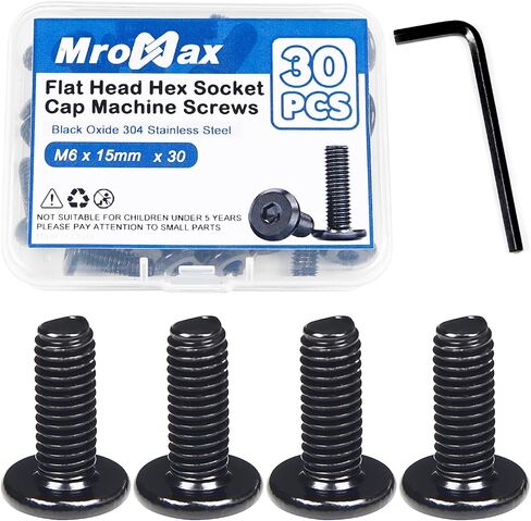 MroMax 20Pcs M6 x 25mm Flat Head Hex Socket Cap Screws, 304 Stainless Steel 18-8, Full Thread, Black Oxide (with Hex Spanner) for Furniture Chair Table Desk Crib Bed in Kuwait