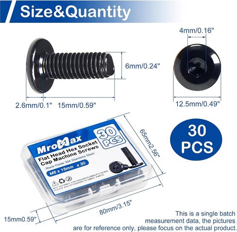 MroMax 20Pcs M6 x 25mm Flat Head Hex Socket Cap Screws, 304 Stainless Steel 18-8, Full Thread, Black Oxide (with Hex Spanner) for Furniture Chair Table Desk Crib Bed in Kuwait