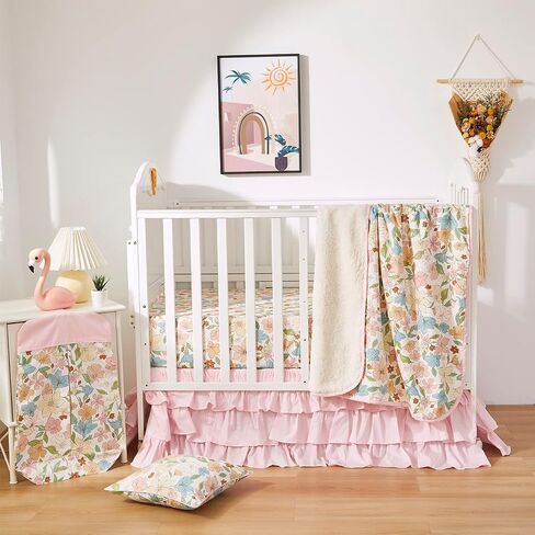 Brandream Crib Bedding Set for Girls 6 Pieces Floral Baby Nursery Bedding Set with Enchanting Blossoms Flowers,Blush Pink Yellow Green Garden Farmhouse Chic Cotton in Saudi Arabia