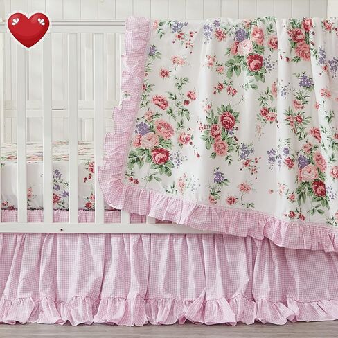 Brandream Crib Bedding Set for Girls 6 Pieces Floral Baby Nursery Bedding Set with Enchanting Blossoms Flowers,Blush Pink Yellow Green Garden Farmhouse Chic Cotton in Saudi Arabia