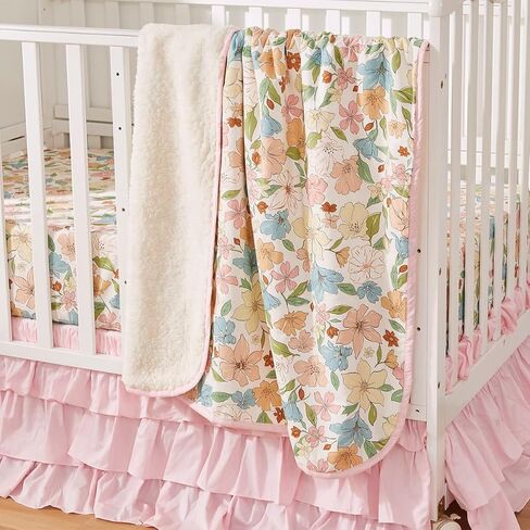Brandream Crib Bedding Set for Girls 6 Pieces Floral Baby Nursery Bedding Set with Enchanting Blossoms Flowers,Blush Pink Yellow Green Garden Farmhouse Chic Cotton in Saudi Arabia