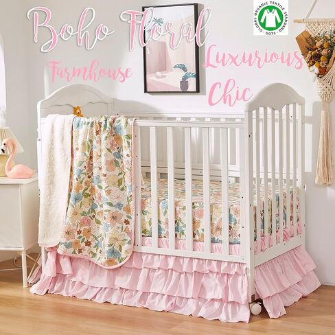 Brandream Crib Bedding Set for Girls 6 Pieces Floral Baby Nursery Bedding Set with Enchanting Blossoms Flowers,Blush Pink Yellow Green Garden Farmhouse Chic Cotton in Saudi Arabia
