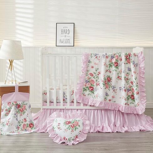 Brandream Crib Bedding Set for Girls 6 Pieces Floral Baby Nursery Bedding Set with Enchanting Blossoms Flowers,Blush Pink Yellow Green Garden Farmhouse Chic Cotton in Saudi Arabia
