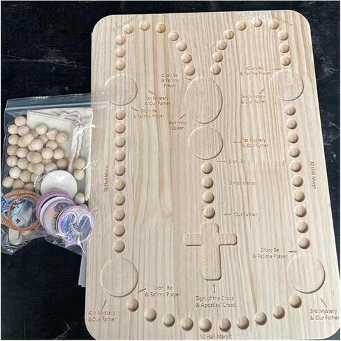 Wooden Rosary Board Pray Board，Mysteries Prayer Card，Wooden Rosary Board ， for Family Prayer with 54 Rosary Beads and Colorful Card Inspired Round Puzzle Rosary (Color : A, Size : 35cm) in Saudi Arabia