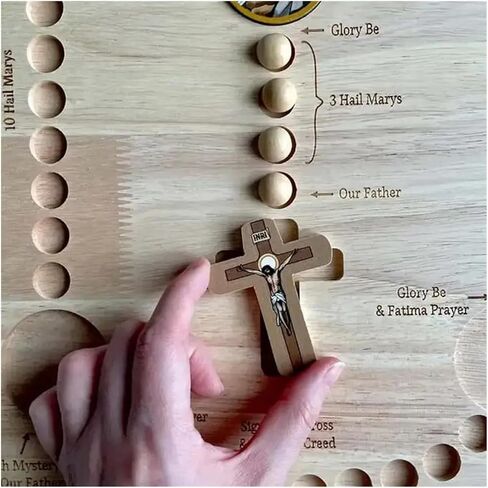 Wooden Rosary Board Pray Board，Mysteries Prayer Card，Wooden Rosary Board ， for Family Prayer with 54 Rosary Beads and Colorful Card Inspired Round Puzzle Rosary (Color : A, Size : 35cm) in Saudi Arabia
