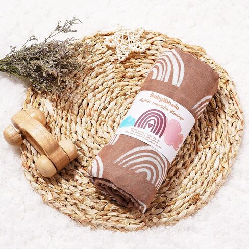 Muslin Swaddle Blanket, Boho Rainbow Pattern Newborn Swaddle for Baby Boys ＆ Girls, Silky Soft Breathable Receiving Swaddle Wrap, 47x47 inches, Brown in Saudi Arabia