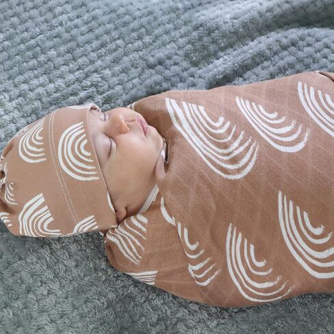 Muslin Swaddle Blanket, Boho Rainbow Pattern Newborn Swaddle for Baby Boys ＆ Girls, Silky Soft Breathable Receiving Swaddle Wrap, 47x47 inches, Brown in Saudi Arabia