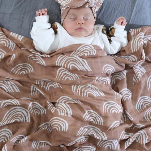 Muslin Swaddle Blanket, Boho Rainbow Pattern Newborn Swaddle for Baby Boys ＆ Girls, Silky Soft Breathable Receiving Swaddle Wrap, 47x47 inches, Brown in Saudi Arabia