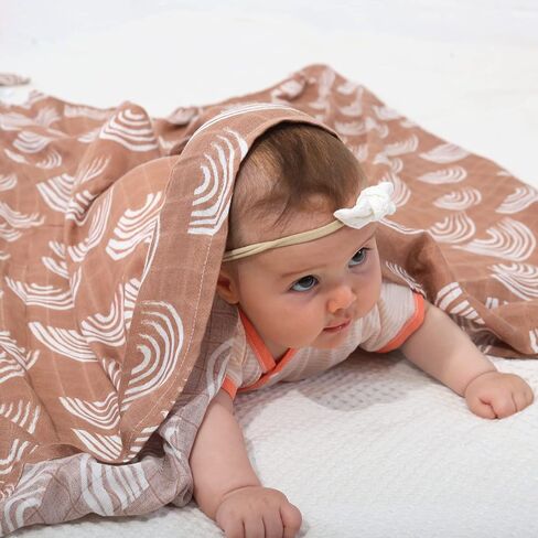 Muslin Swaddle Blanket, Boho Rainbow Pattern Newborn Swaddle for Baby Boys ＆ Girls, Silky Soft Breathable Receiving Swaddle Wrap, 47x47 inches, Brown in Saudi Arabia