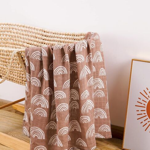 Muslin Swaddle Blanket, Boho Rainbow Pattern Newborn Swaddle for Baby Boys ＆ Girls, Silky Soft Breathable Receiving Swaddle Wrap, 47x47 inches, Brown in Saudi Arabia