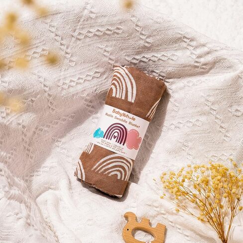 Muslin Swaddle Blanket, Boho Rainbow Pattern Newborn Swaddle for Baby Boys ＆ Girls, Silky Soft Breathable Receiving Swaddle Wrap, 47x47 inches, Brown in Saudi Arabia