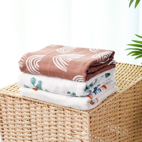 Muslin Swaddle Blanket, Boho Rainbow Pattern Newborn Swaddle for Baby Boys ＆ Girls, Silky Soft Breathable Receiving Swaddle Wrap, 47x47 inches, Brown in Saudi Arabia