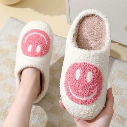 Retro Smile Face Slippers for Women Soft Plush Slip-on Happy Face Slippers Cozy Indoor Outdoor Smile Slippers Thick Sole Warm House Slippers in Saudi Arabia