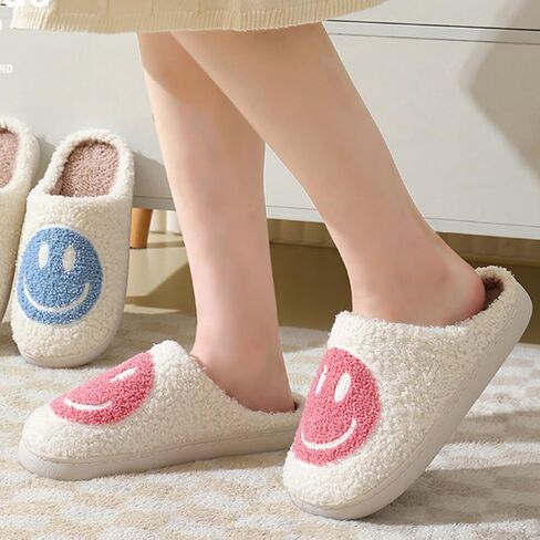 Retro Smile Face Slippers for Women Soft Plush Slip-on Happy Face Slippers Cozy Indoor Outdoor Smile Slippers Thick Sole Warm House Slippers in Saudi Arabia