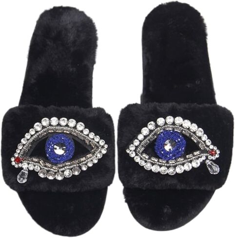 Evil Eye Slippers Women Plush Flat Slippers Tears on Slides Fashion Fuzzy Plush Slides Flip Flop Indoor Bedroom Shoes in Saudi Arabia