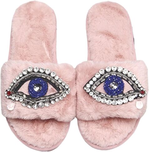 Evil Eye Slippers Women Plush Flat Slippers Tears on Slides Fashion Fuzzy Plush Slides Flip Flop Indoor Bedroom Shoes in Saudi Arabia