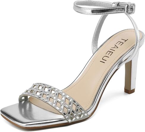 Womens Heeled Sandals Square Open Toe Ankle Strap Heels Rhinestone Strappy High Heels Sandals for Party Wedding Sandals in Saudi Arabia