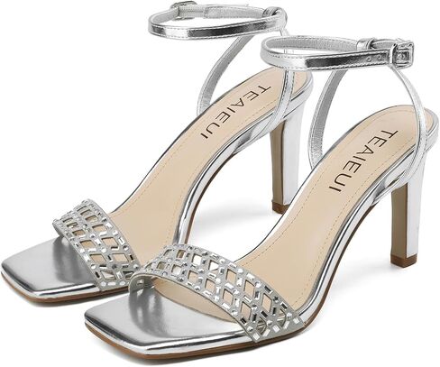 Womens Heeled Sandals Square Open Toe Ankle Strap Heels Rhinestone Strappy High Heels Sandals for Party Wedding Sandals in Saudi Arabia