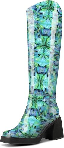 TNYNFBEB Womens Chunky Block Mid Heel Square Toe Knee High Boots Prom Party Dress Patent Leather 3.3 Inches Heels in Saudi Arabia