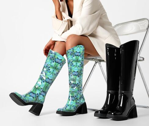 TNYNFBEB Womens Chunky Block Mid Heel Square Toe Knee High Boots Prom Party Dress Patent Leather 3.3 Inches Heels in Saudi Arabia