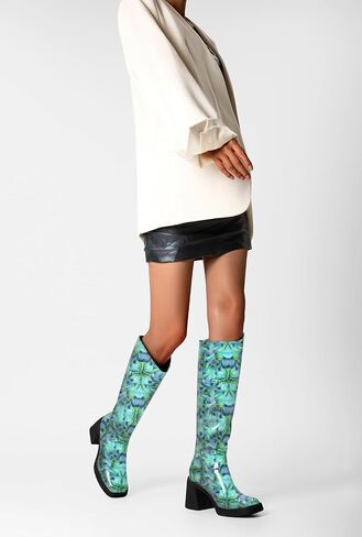 TNYNFBEB Womens Chunky Block Mid Heel Square Toe Knee High Boots Prom Party Dress Patent Leather 3.3 Inches Heels in Saudi Arabia