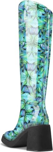 TNYNFBEB Womens Chunky Block Mid Heel Square Toe Knee High Boots Prom Party Dress Patent Leather 3.3 Inches Heels in Saudi Arabia