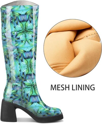 TNYNFBEB Womens Chunky Block Mid Heel Square Toe Knee High Boots Prom Party Dress Patent Leather 3.3 Inches Heels in Saudi Arabia
