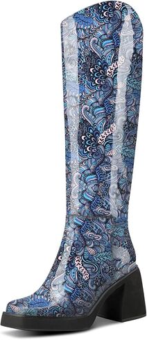 TNYNFBEB Womens Chunky Block Mid Heel Square Toe Knee High Boots Prom Party Dress Patent Leather 3.3 Inches Heels in Saudi Arabia