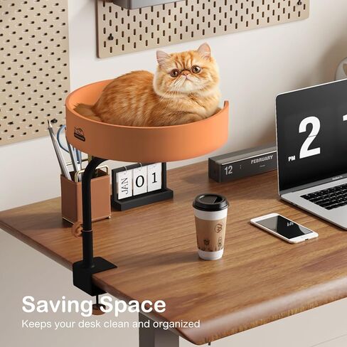 Cat Bed Desk Nest with Teaser,Easy Installation Shelf,Sturdy Frame,Removable Cushioned Cushion, Space Saving Design,Ideal for Side Table,Home Office,Fits Cats in Saudi Arabia