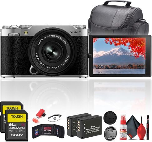 كاميرا Fujifilm X-M5 بدون مرآة مع عدسة XC 15-45 ملم باللون الفضي (16900771) تتضمن الحزمة: 2X 64 جيجابايت بطاقة ذاكرة، 2X بطارية قابلة للشحن، حافظة كاميرا، أغطية عدسات، قارئ بطاقات، مجموعة تنظيف كاملة in Saudi Arabia