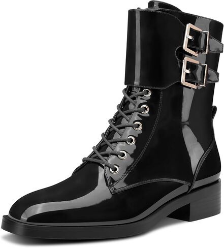 Castamere Womens Chunky Block Low Heel Square Toe Ankle Boots Short Bootie Lace-up Zipper Buckle Casual Dress Patent Leather Boots in Saudi Arabia