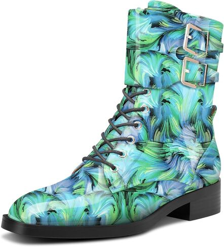 Castamere Womens Chunky Block Low Heel Square Toe Ankle Boots Short Bootie Lace-up Zipper Buckle Casual Dress Patent Leather Boots in Saudi Arabia