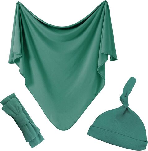 بطانية قماط للأطفال مع مجموعة عصابة رأس للقبعة، بطانيات قماط كبيرة قابلة للتمدد مقاس 47 بوصة × 47 بوصة، لف قماط قطني محبوك لحديثي الولادة، بطانية استقبال للأطفال للأولاد والبنات (أخضر) in Kuwait