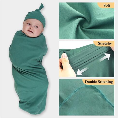 بطانية قماط للأطفال مع مجموعة عصابة رأس للقبعة، بطانيات قماط كبيرة قابلة للتمدد مقاس 47 بوصة × 47 بوصة، لف قماط قطني محبوك لحديثي الولادة، بطانية استقبال للأطفال للأولاد والبنات (أخضر) in Kuwait