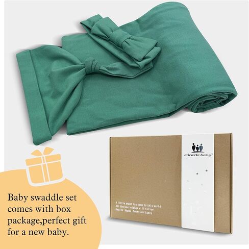 بطانية قماط للأطفال مع مجموعة عصابة رأس للقبعة، بطانيات قماط كبيرة قابلة للتمدد مقاس 47 بوصة × 47 بوصة، لف قماط قطني محبوك لحديثي الولادة، بطانية استقبال للأطفال للأولاد والبنات (أخضر) in Kuwait